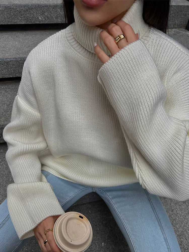 Women Oversized Ribbed Knit Turtleneck Sweater with Extended Cuff Mune Fashion