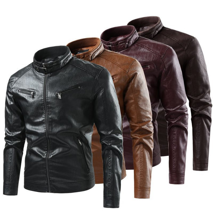 Men's Modern Faux Leather Jacket with Stand Collar and Zipper Pockets Mune Fashion