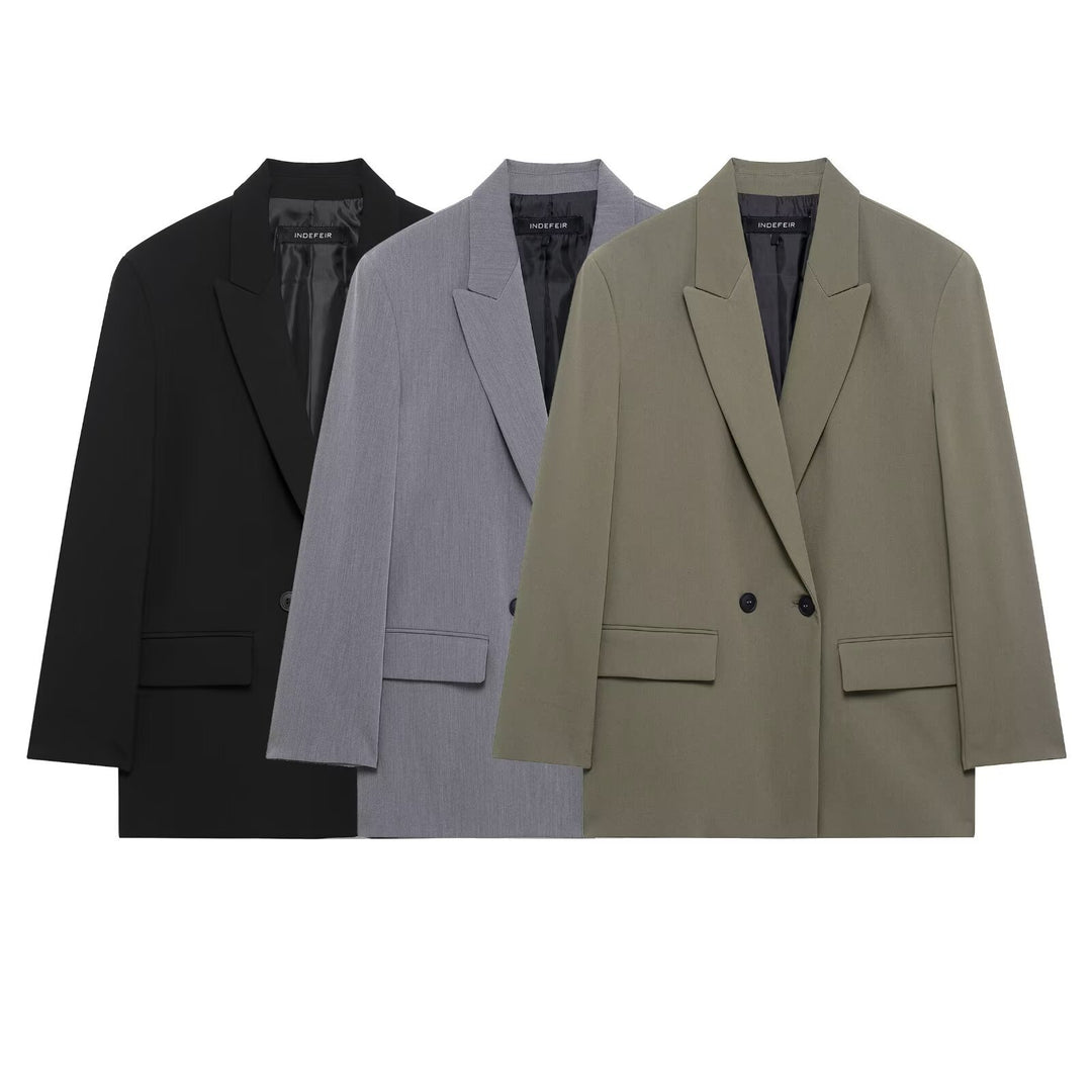 Women's Long Double-Breasted Blazer Coat with Oversized Cut and Flap Pockets Mune Fashion