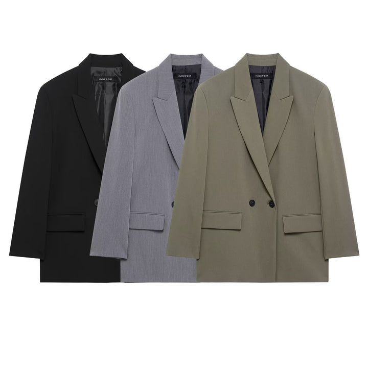 Women's Long Double-Breasted Blazer Coat with Oversized Cut and Flap Pockets Mune Fashion