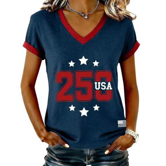 Women’s V-neck Retro Print T-shirt with Eagle Emblem and vintage-inspired Graphic Mune Fashion