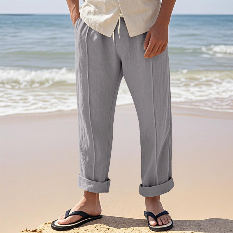 Men's Lightweight Pleated Casual Pants made of Linen Blend with Elastic Drawstring Waistband and Rolled Hem Mune Fashion