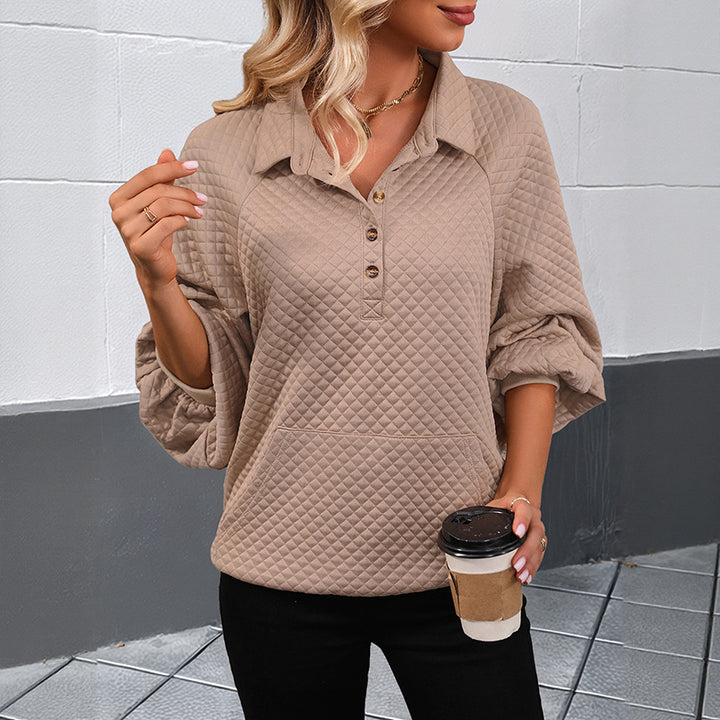 Women's Quilted Polo Sweatshirt with Button Placket, Kangaroo Pocket and Balloon Sleeves Mune Fashion