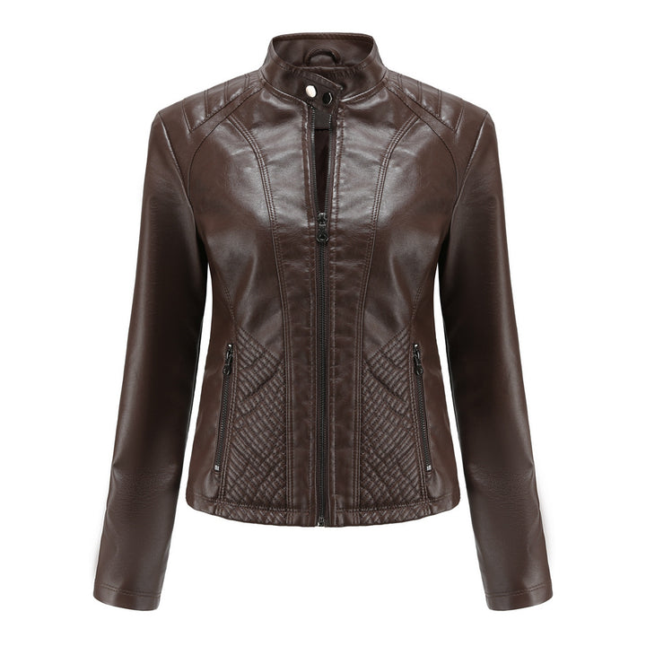 Women's fitted biker faux leather jacket with stand collar and quilted side panel Mune Fashion