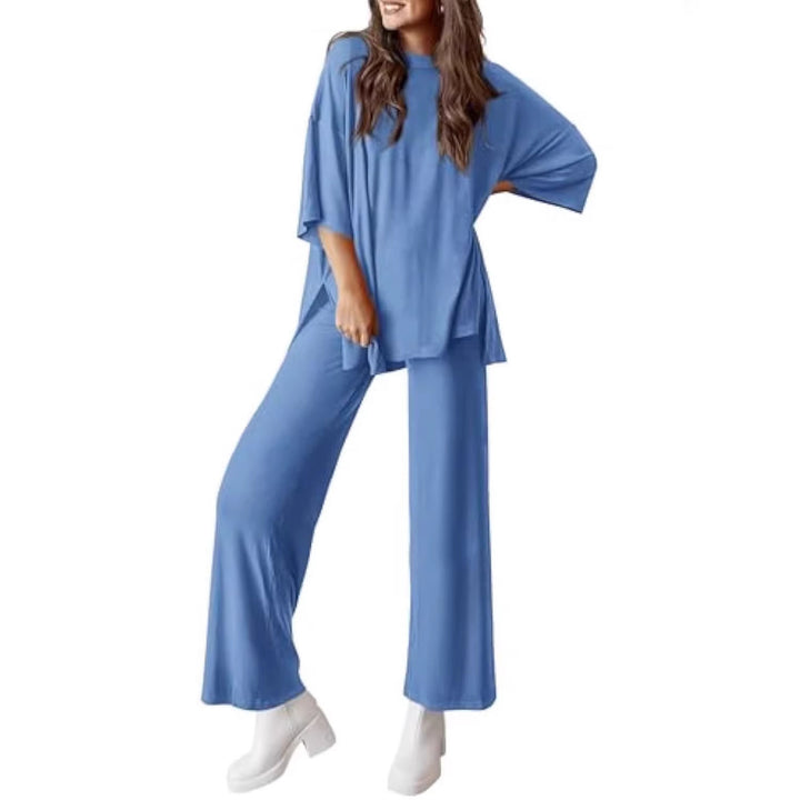 Women's Casual Lounge Set made of Soft Jersey with Oversized Tunic and Wide Palazzo Pants Drune