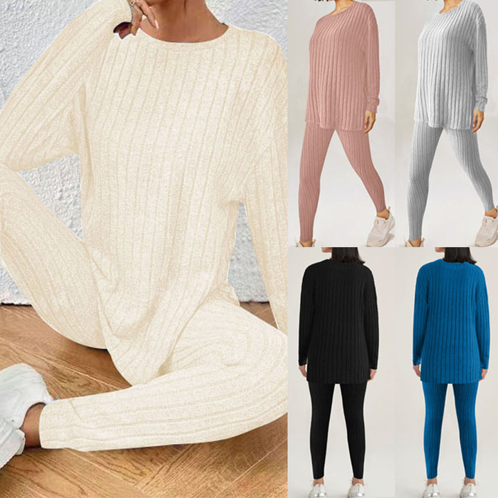 Women's Ribbed Relax Two-Piece Made of Fine Knit with Round Neckline and Slim Jogger Mune Fashion