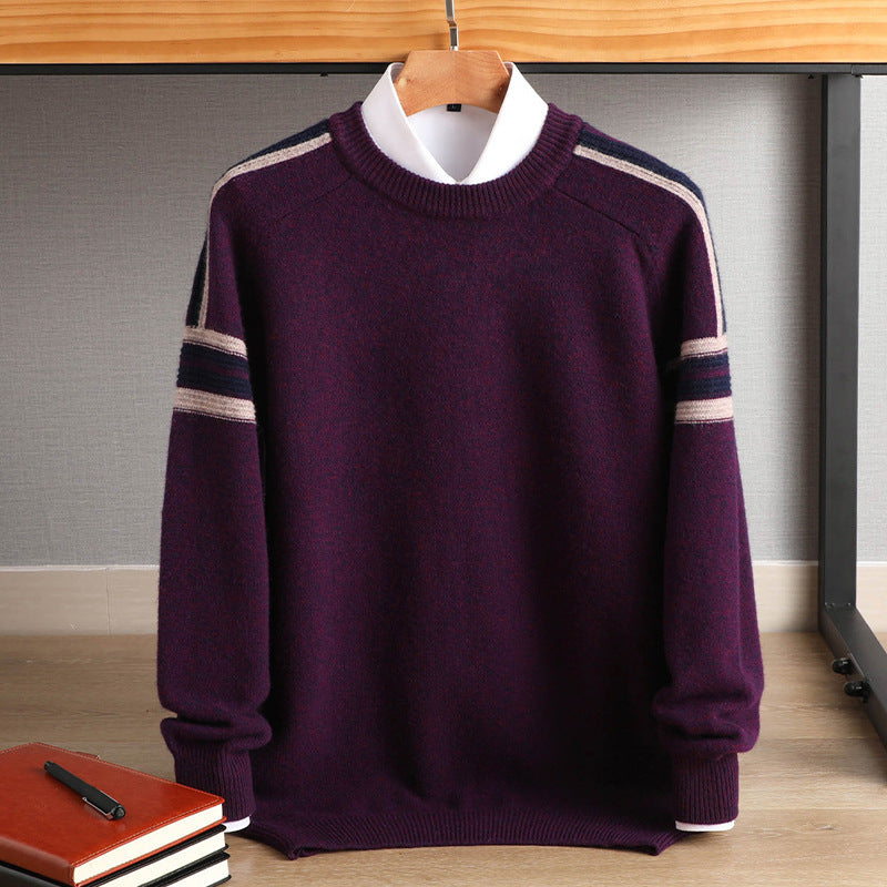 Men's Cashmere-Look Round Neck Sweater with Contrast Stripes on Shoulders and Relaxed Fit Mune Fashion