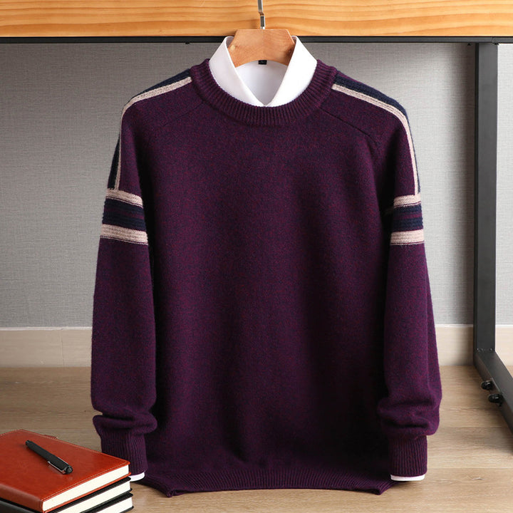 Men's Cashmere-Look Round Neck Sweater with Contrast Stripes on Shoulders and Relaxed Fit Mune Fashion
