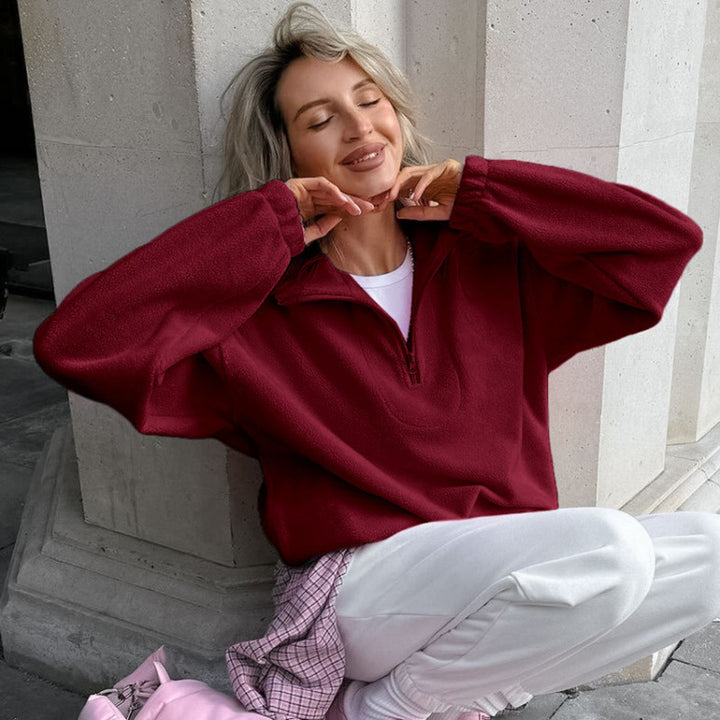 Women’s Oversized Fleece Pullover with Half Zipper and Stand-Up Collar Mune Fashion