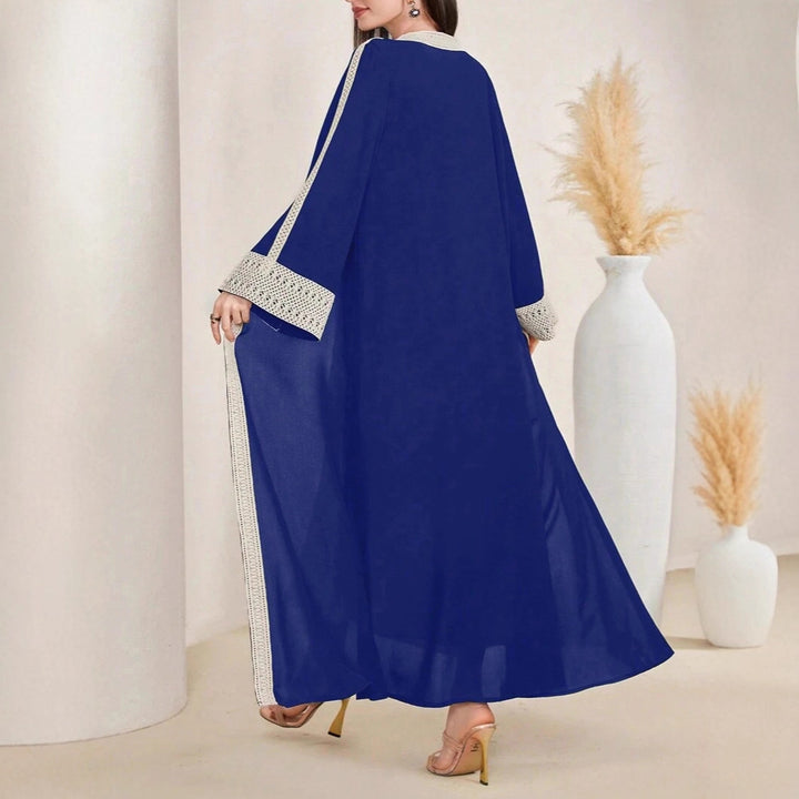 Ladies Long Open-Front Kaftan Coat with Crochet Lace Trim Mune Fashion