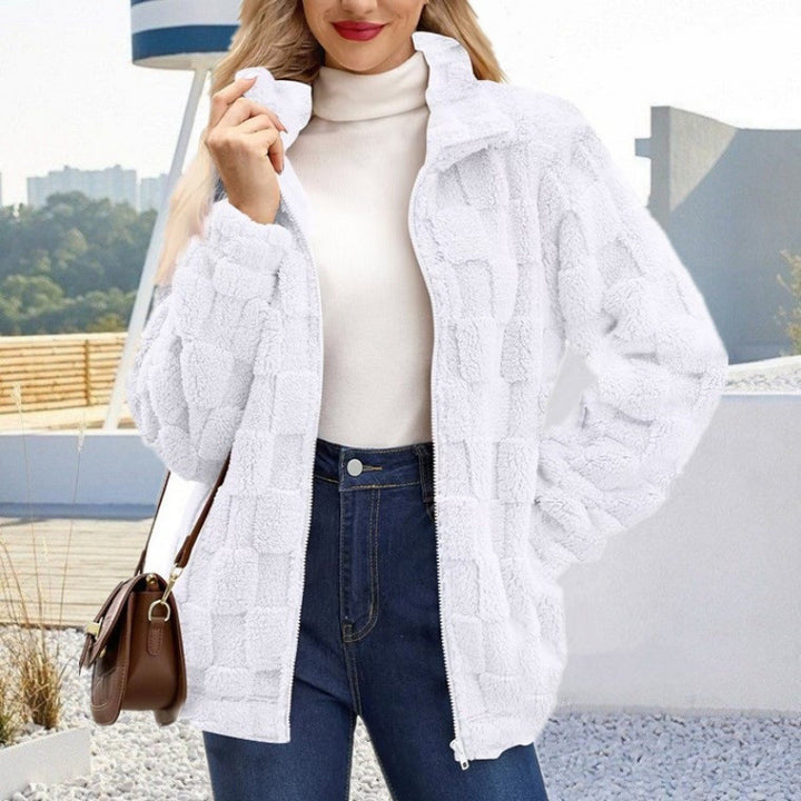 Women's teddy jacket with check structure, stand-up collar and zipper Mune Fashion