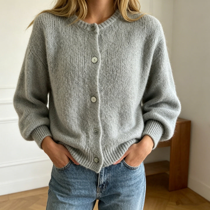Women's Cozy Mohair-Look Cardigan with Round Neck and Balloon Sleeves Mune Fashion