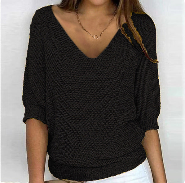 Women's casual knit sweater with V-neck and bat sleeves Mune Fashion