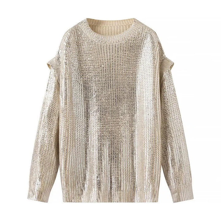 Women Shiny Oversize Knit Sweater with Shoulder Cutouts Mune Fashion