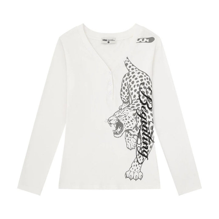 Women's Long Sleeve Henley Shirt with V-Neck and Large Panther Print Mune Fashion