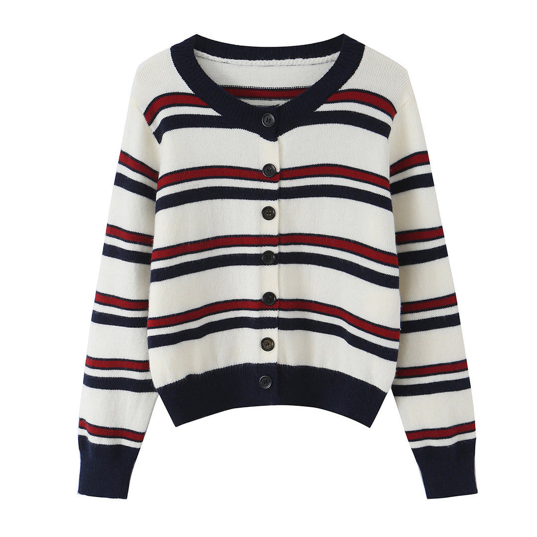 Ladies Striped Cardigan with Button Placket and Ribbed Hem Mune Fashion