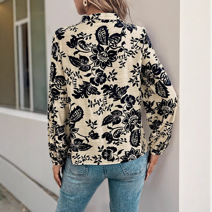 Women's Elegant Blouse with Floral Pattern Mix and Stand Collar Mune Fashion