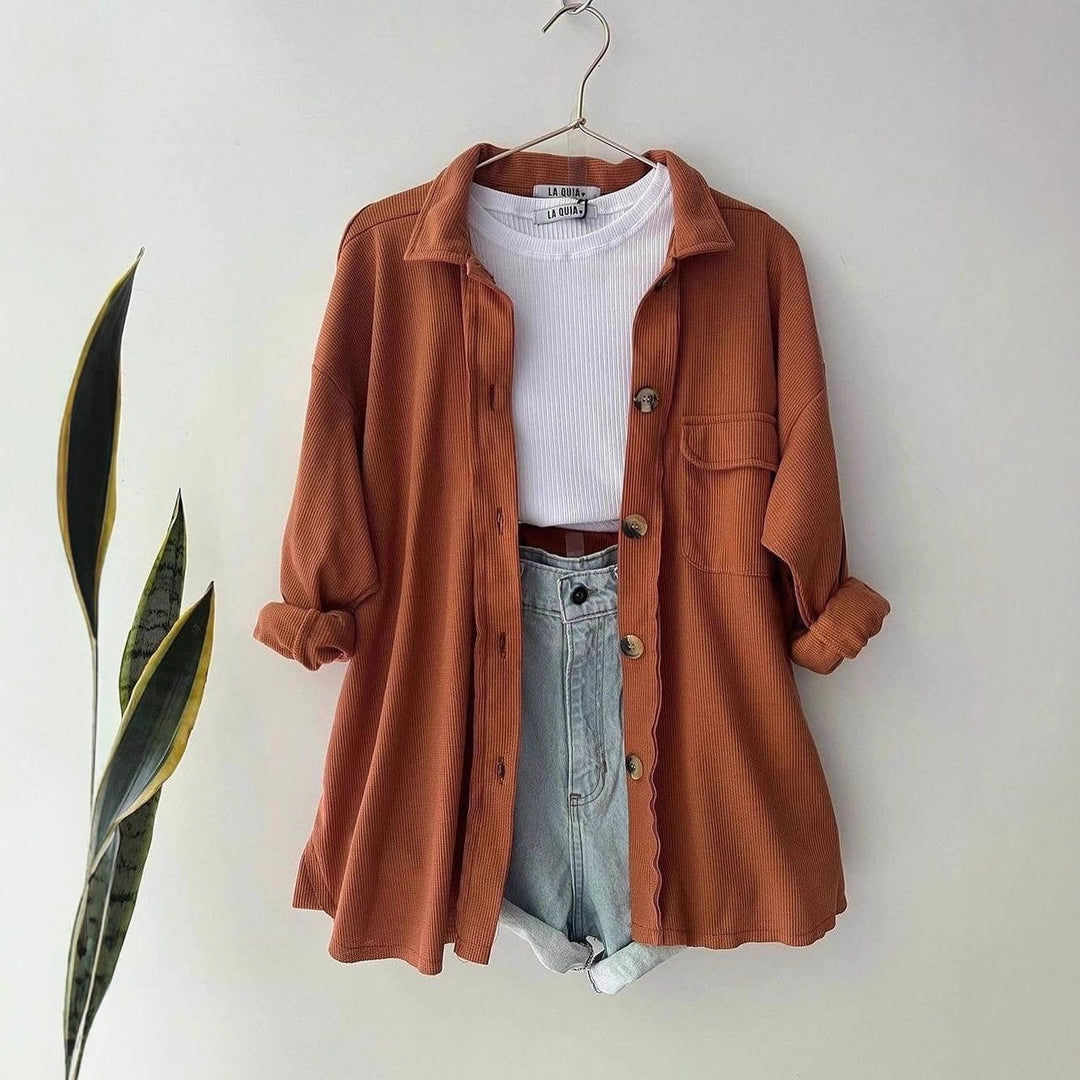 Women's Oversized Cord Shirt Jacket made of Wide Corduroy with Chest Pocket and Wooden Buttons Mune Fashion