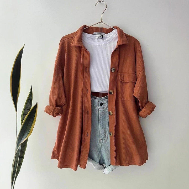 Women's Oversized Cord Shirt Jacket made of Wide Corduroy with Chest Pocket and Wooden Buttons Mune Fashion