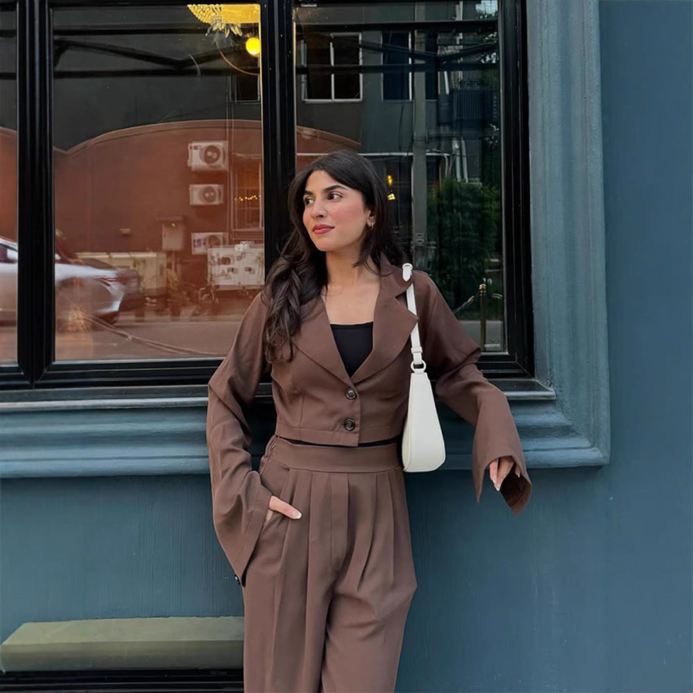 Women Two-Piece Tailoring Set Short Blazer with Bell Sleeves and High-Waist Palazzo Pants Mune Fashion