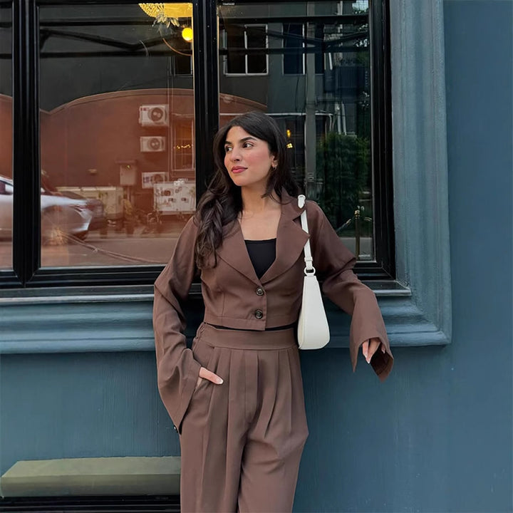 Women Two-Piece Tailoring Set Short Blazer with Bell Sleeves and High-Waist Palazzo Pants Mune Fashion