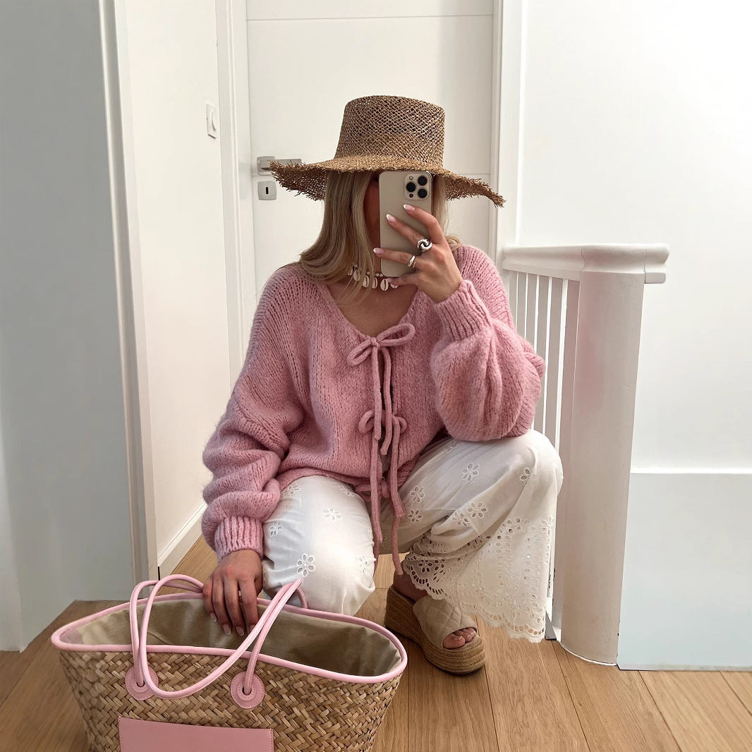 Women's Chunky Knit Open Cardigan with Ties, Oversized Silhouette and Raglan Sleeves Mune Fashion