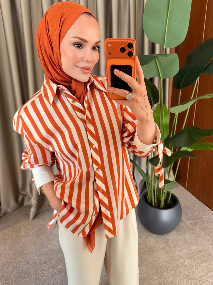 Women Striped Oversize Shirt Blouse with Ties on Sleeves and Concealed Button Placket Mune Fashion