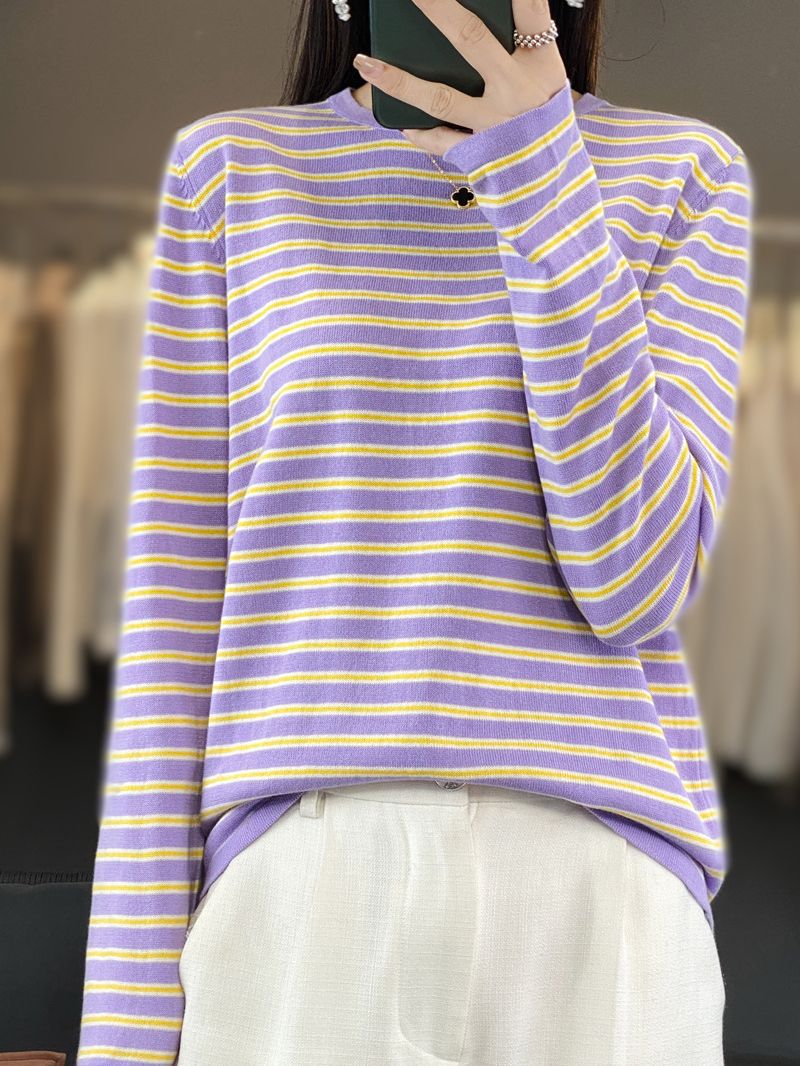 Women Light Cotton Blend Stripe Sweater with Round Neck, Raglan Sleeves and Casual Silhouette Mune Fashion