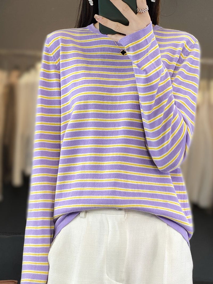 Women Light Cotton Blend Stripe Sweater with Round Neck, Raglan Sleeves and Casual Silhouette Mune Fashion