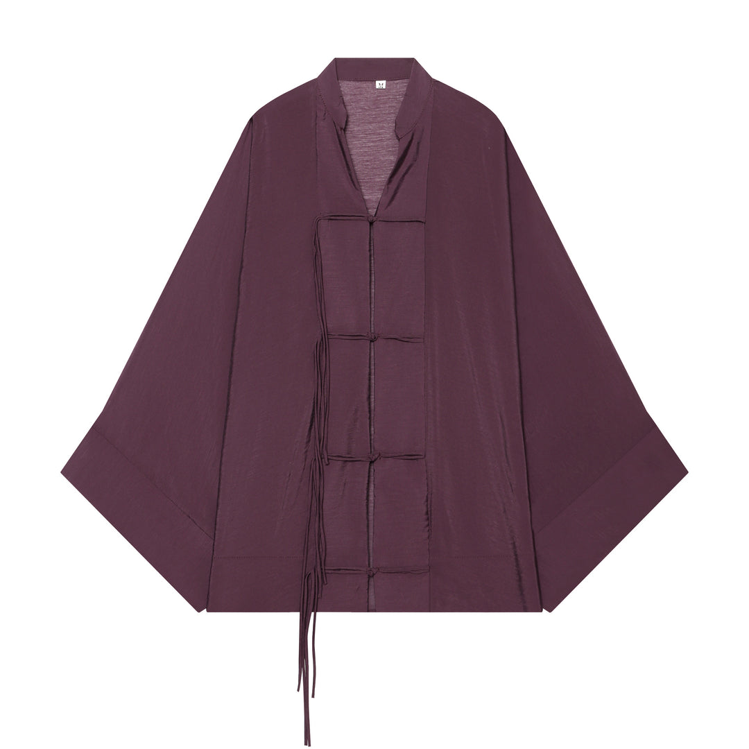 Women's Kimono-Cape Jacket with Chinese Button Closure and Long Tassels Mune Fashion