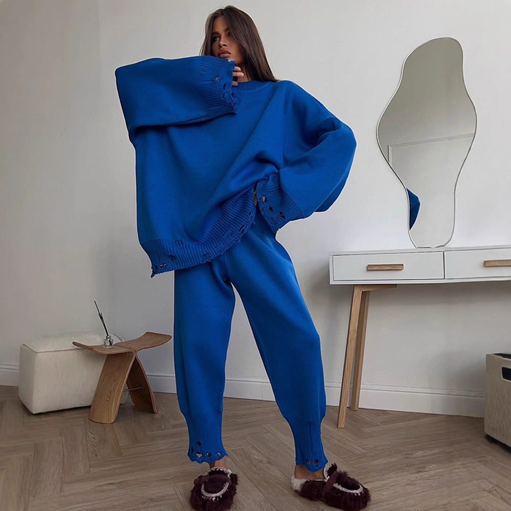 Women's Oversized Knit Set made of Fine Knit with Destroyed Hem, Wide Sweater and Casual Slip-On Pants Mune Fashion