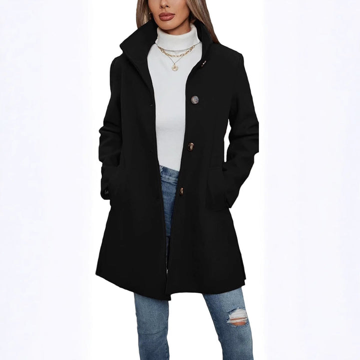 Women's Elegant Wool Coat with High Collar and Practical Pockets Mune