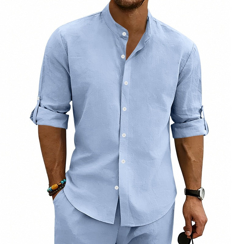 Men's Modern Linen Blend Shirt with Stand Collar, Roll-up Sleeves and Narrow Placket Mune Fashion