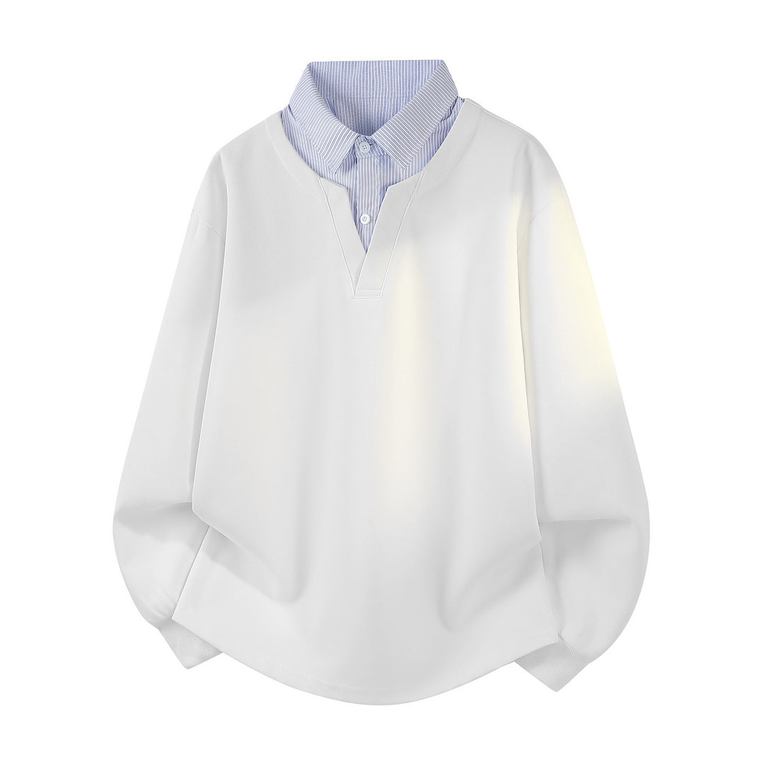 Women's oversized sweatshirt with integrated shirt collar, V-neck and rounded hem Mune Fashion
