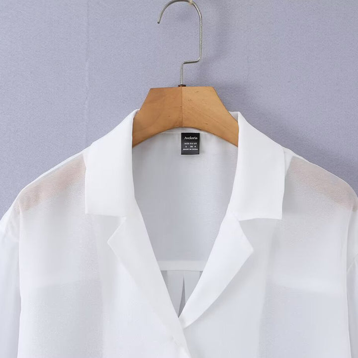 Women's Transparent Long Sleeve Blouse made of Chiffon with Notch Collar and Continuous Button Closure Mune Fashion