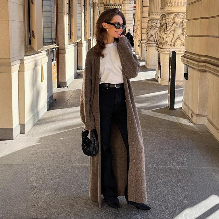 Women Maxi Long Knit Coat in Mohair Look with Concealed Button Placket and Loose Silhouette Mune Fashion
