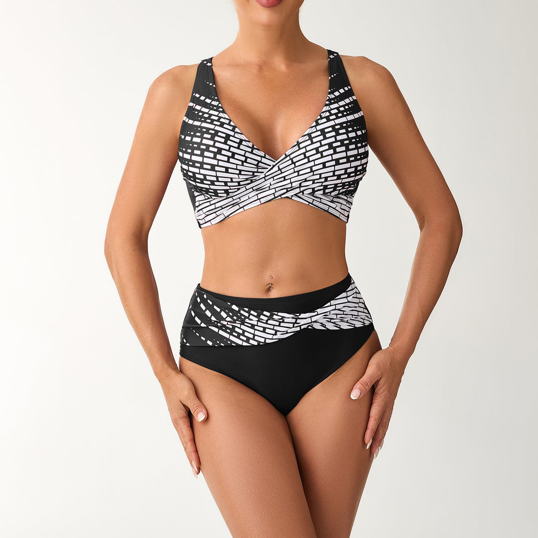 Women's High-Waisted Bikini Set with Laced Top and Graphic Accents Mune Fashion