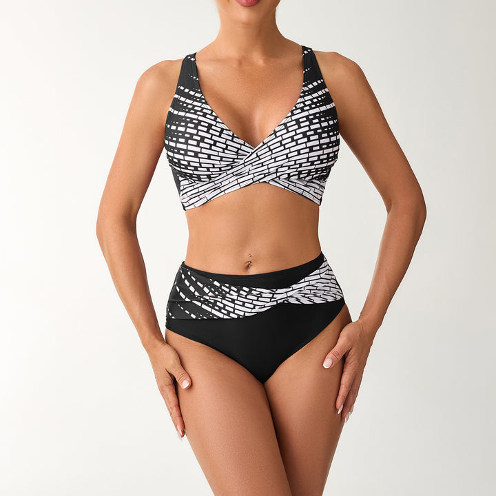 Women's High-Waisted Bikini Set with Laced Top and Graphic Accents Mune Fashion