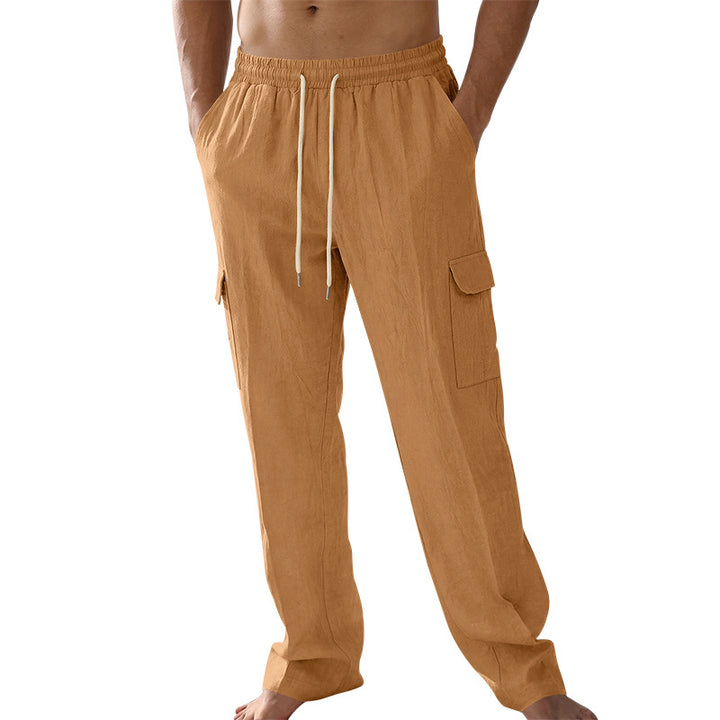 Men's loose linen cargo pants with elastic drawstring waistband and patch flap pockets Mune Fashion
