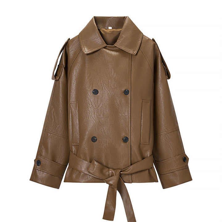 Women Cropped Faux Leather Trench Coat with Waist Belt, Double Breasted and Epaulettes Mune Fashion