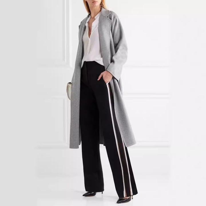 Women's Floor-Length Open Wool Blend Coat with Relaxed Lapels and Flowing Draping Mune Fashion