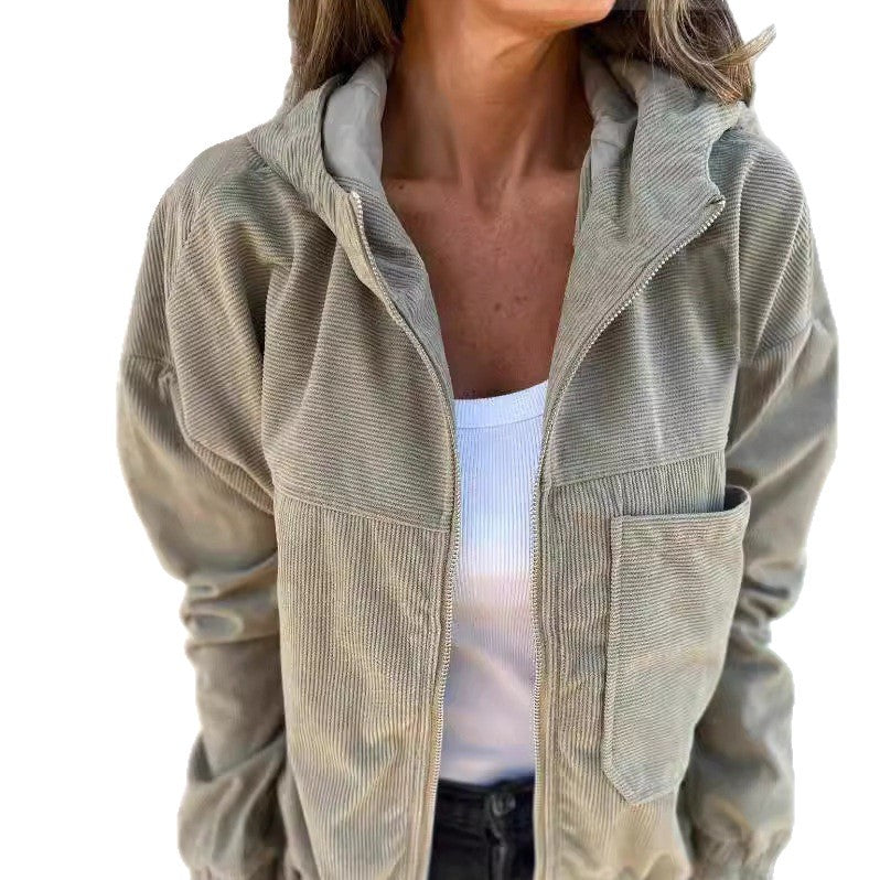 Women's fine corduroy transitional jacket with hood, zipper, elastic cuffs, and side insert pockets Mune Fashion