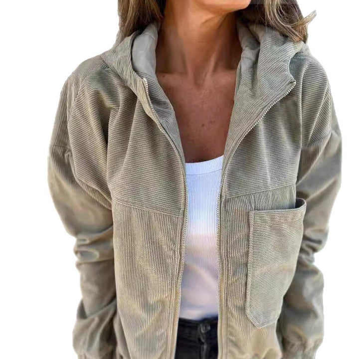 Women's fine corduroy transitional jacket with hood, zipper, elastic cuffs, and side insert pockets Mune Fashion