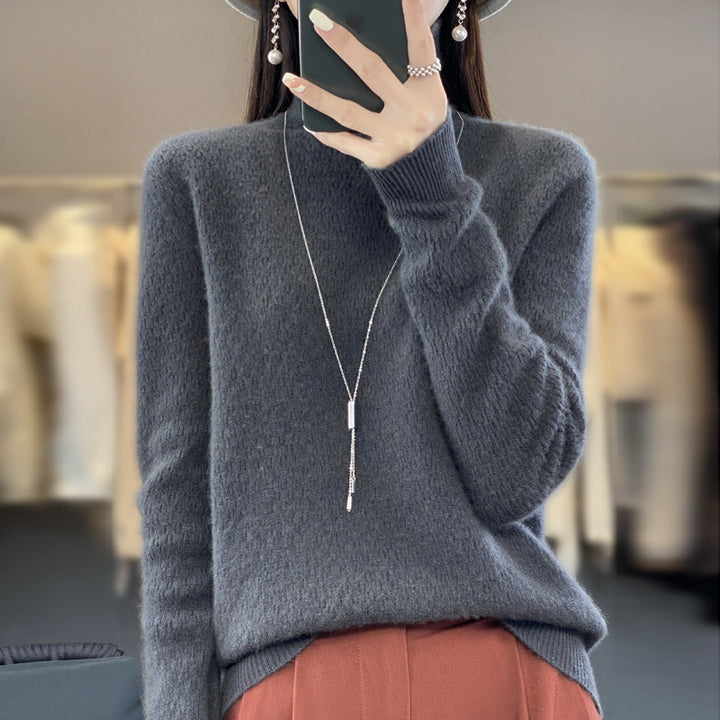 Women's soft fine-knit mock neck sweater with fluffy mohair look, delicate honeycomb structure and casual oversized fit Mune Fashion