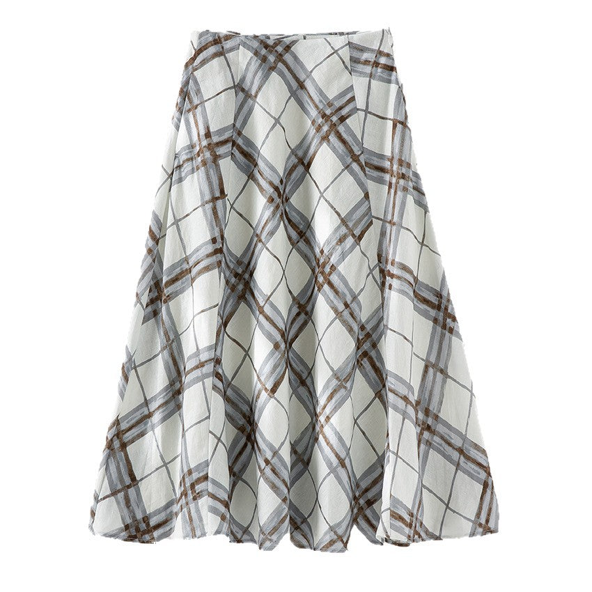Women's A-line midi skirt with high waist and watercolor check pattern Mune Fashion