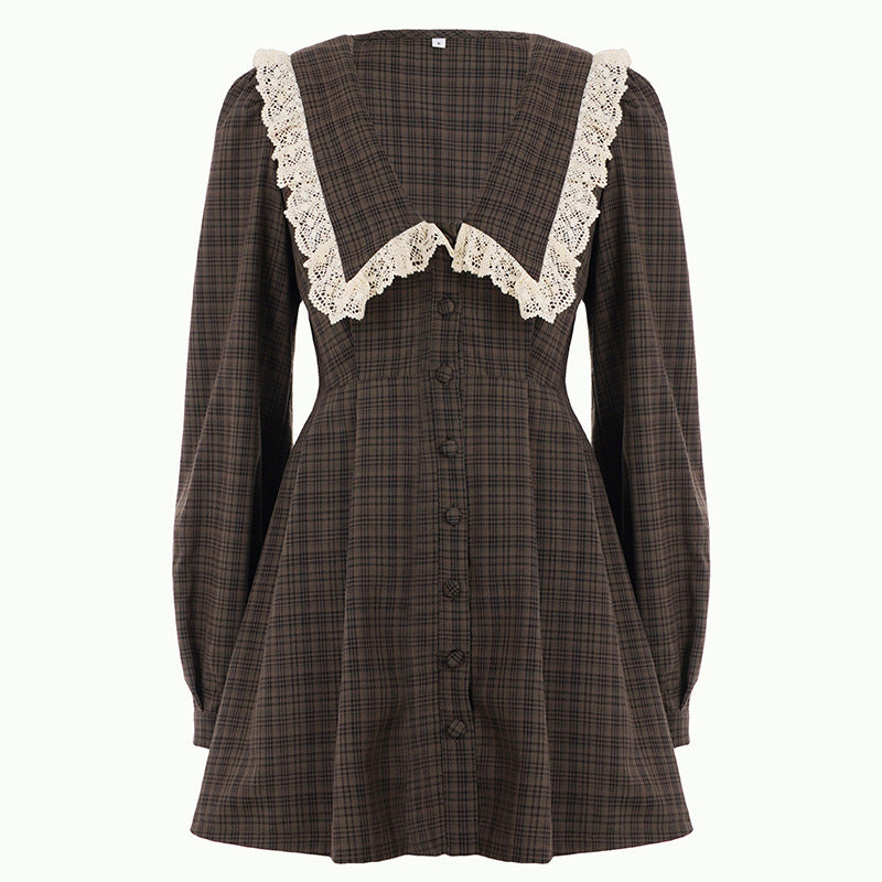 Women Checked Vintage Mini Dress with Oversized Lace Collar and Tailored A-Line Mune Fashion