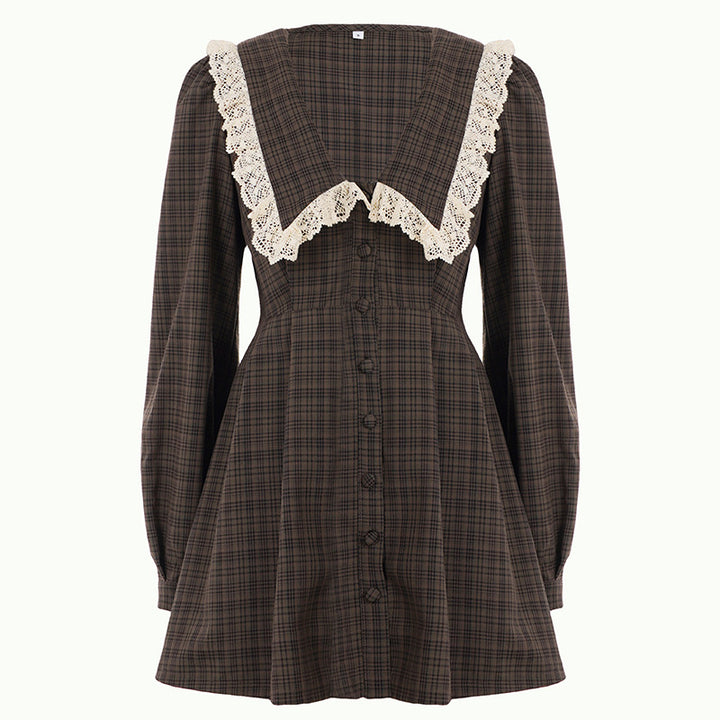 Women Checked Vintage Mini Dress with Oversized Lace Collar and Tailored A-Line Mune Fashion