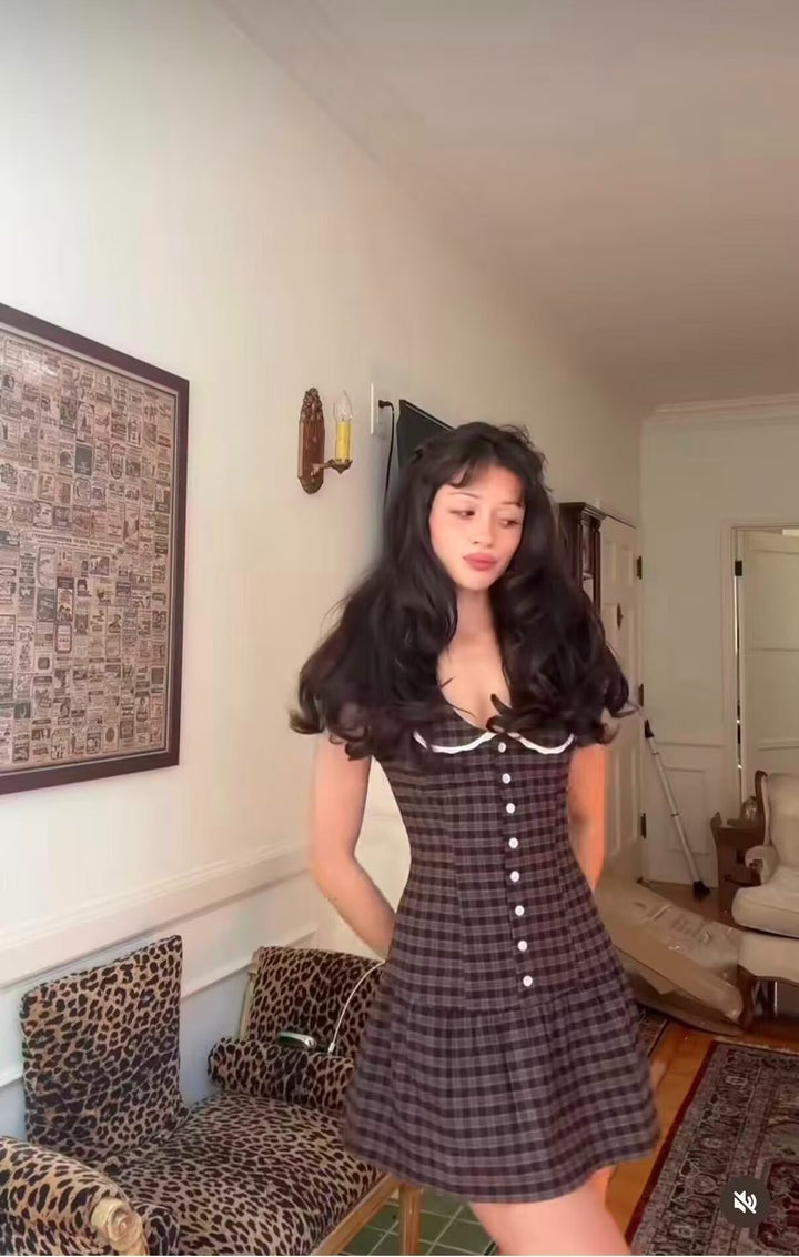 Women Checkered A-Line Mini Dress with Contrasting Peter Pan Collar and Button Placket Mune Fashion
