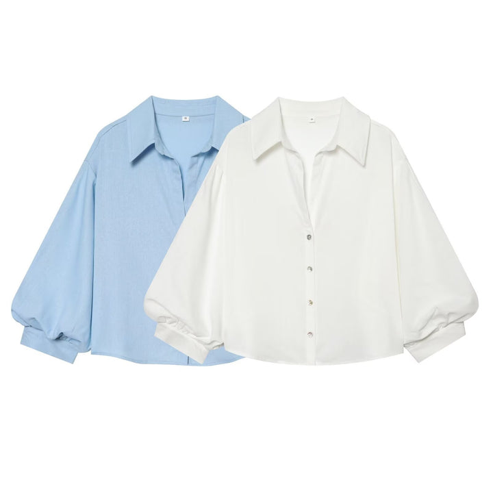 Women Cropped Boxy Blouse with Wide Balloon Sleeves and Shirt Collar Mune Fashion