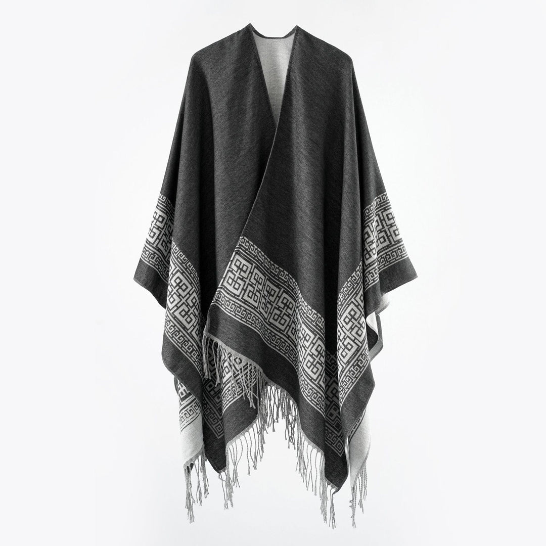 Women's Reversible Wool Blend Kimono Style Wrap with Ornamental Border and Decorative Fringes